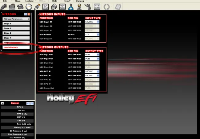 Holley EFI Inputs and Outputs Example Screen